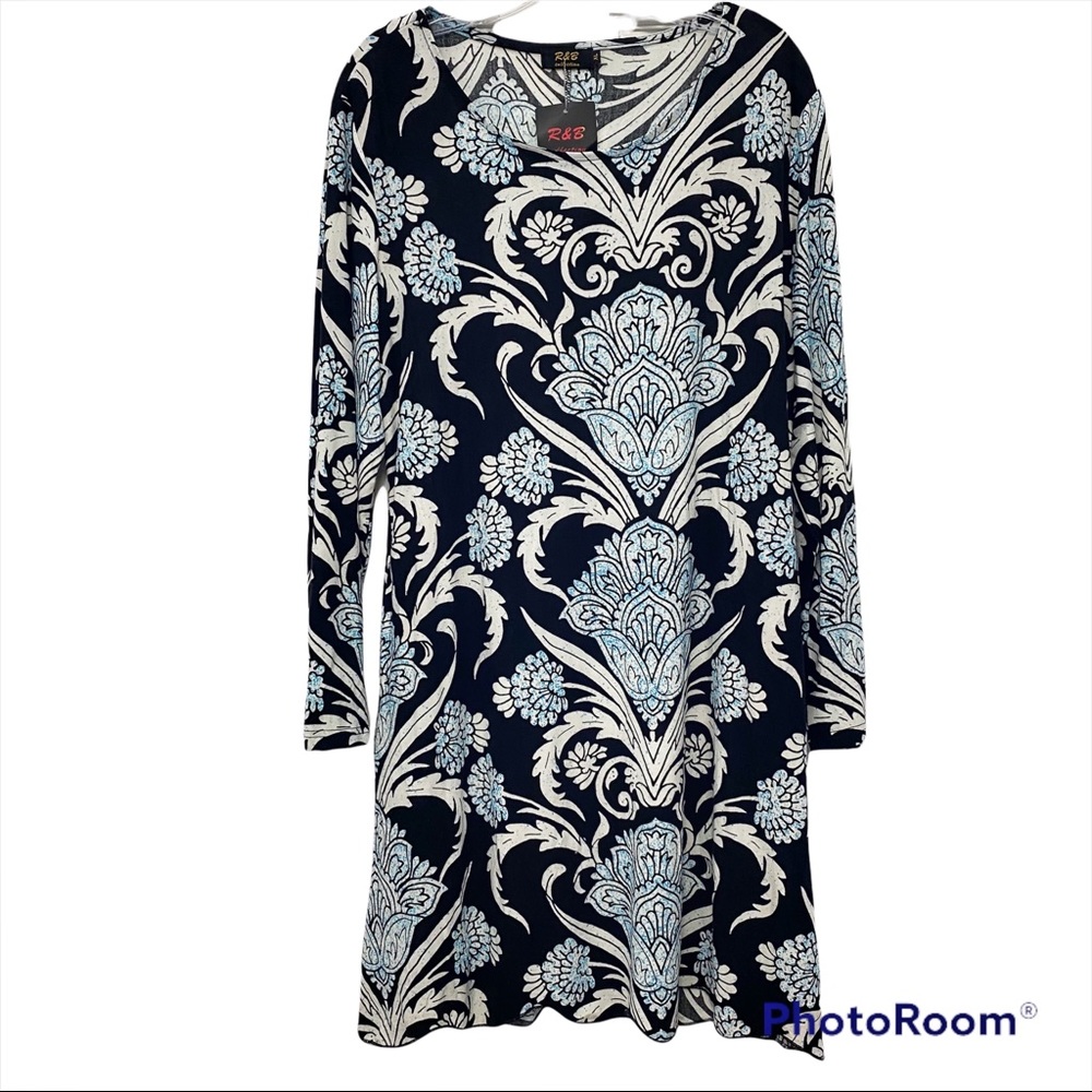 R & B Collections Black Floral Long Sleeve Stretch Swing Dress XL